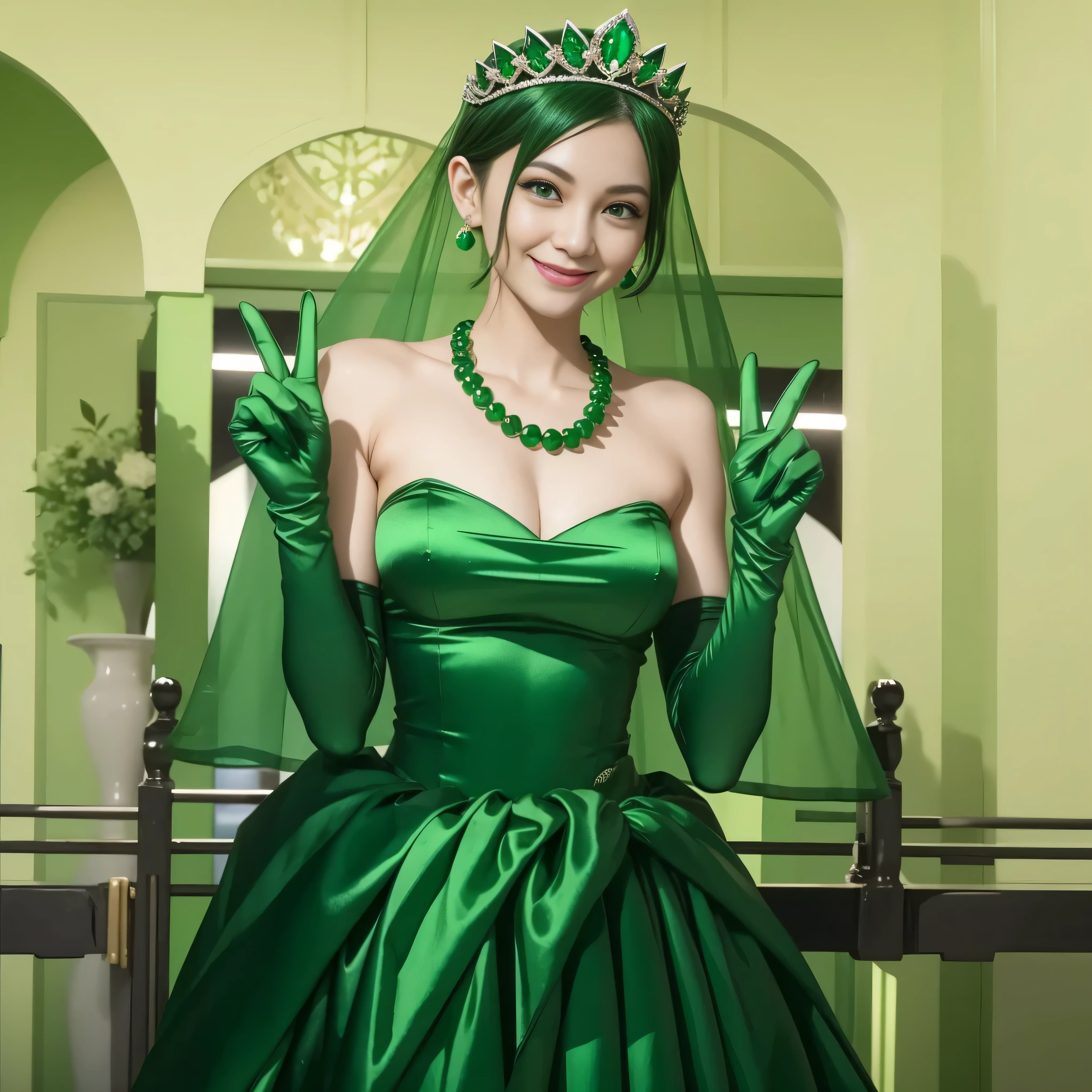 Emerald tiara, Green Pearl Necklace, Boyish very short green hair, lipstick, Smiling Japanese woman, Very short hair, Big and beautiful, Green Eyes, Long green satin gloves, Green Eyes, V sign, Emerald Earrings, Green veil, peace sign