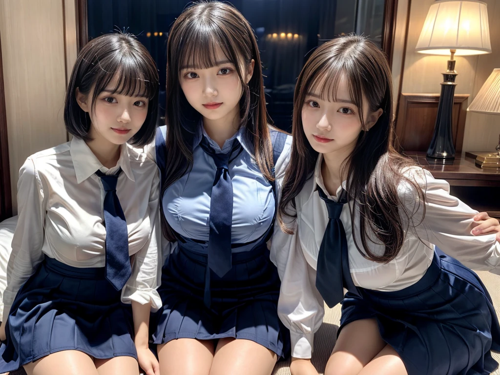 (8K, Raw photography, top-quality, ​masterpiece:1.2),  ((3 beatiful girls))、.（Realistic Skins 1.4）、（（（female high-school student、School Uniforms、）））、{{‎(The background is a luxury hotel room}}（（School Uniforms、white Cutter shirt、darkblue pleatedskirt))、（(long hair)）、((One has short hair)),（A dark-haired、The forehead is hidden by bangs、）、Black eyes、shinny skin.Beautiful delicate face、Beautiful delicate eyes、｛Voluptuous body shape、Thicker thighs｝、One piercing in each ear,((large breasts)), ((navy blue tie)) ,looking at camera, ((close up))