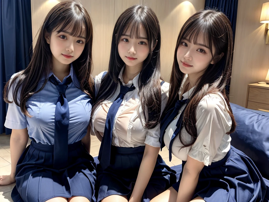 (8K, Raw photography, top-quality, masterpiece:1.2), ((3 beatiful girls))、.(Realistic Skins 1.4)、(((female high-school student、School Uniforms、)))、{{(The background is a luxury hotel room}}((School Uniforms、white Cutter shirt、darkblue pleatedskirt))、((long hair))、((One has short hair)),(A dark-haired、The forehead is hidden by bangs、)、Black eyes、shinny skin.Beautiful delicate face、Beautiful delicate eyes、{Voluptuous body shape、Thicker thighs}、One piercing in each ear,((large breasts)), ((navy blue tie)) ,looking at camera, ((close up))