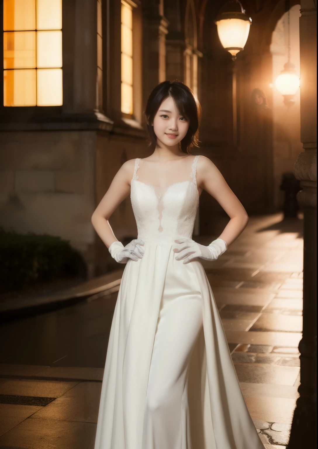 Beautiful 16 year old  woman。She is skinny. She is wearing a wedding dress and white long length gloves. She is smiling on illuminated by the evening church lights on the romantic sunset time.  her dark brown short length hair. High resolution、masterpiece、highest quality、頭w:1.0、((Hasselblad Photos))、fine skin、(movie lighting)、clavicle . full body picture.