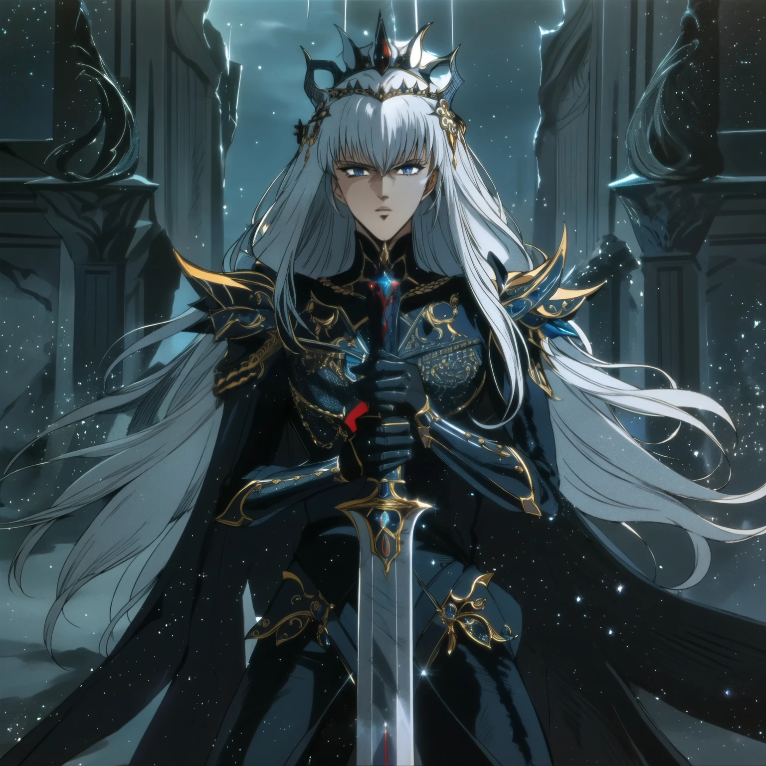 the queen of swords, dark fantasy art, looks confident, ready to fight, looks like a leader seeing the future, powerful while holding the most beautiful and powerful sword of all in front of a dark distopian backround