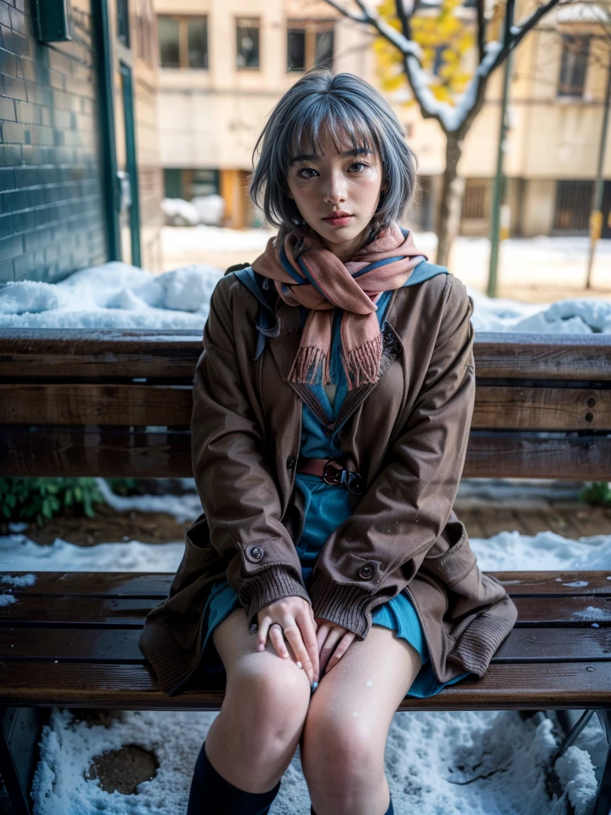 (1 lady), (Best quality at best:1.4), (ultra - detailed), (extremely detailed CG unified 16k), A Beautiful Woman with Perfect Figure: 1.4, Sharp Focus: 1.2, very detailed, High-definition RAW color photo, professional photoshooting, amazing face and eyes, cosmetics, (amazingly beautiful girl), ((yuki)), ((winter uniform, cardigan, kneehighs, blue skirt, serafuku, brown coat, scarf, kneehighs)), (look from down), realistic cinematic face, head to feet long wide zoomed out view, full body long view, photorealistic, ((realistic natural grayish purple hair style, yellowish eyes)), gorgeous, extremely beautiful face, perfect model beauty, pout mouth, waiting, bench, snow, snowing, tree, nature, Highly Detailed Face and Skin Texture, Detailed Eyes, Double Eyelids, Big Breasts, inexpressive face, cleavages, western, (masterpiece), best quality, high resolution, extremely detailed, blurred background, depth of field, cinematic lighting, amazing legs, high heels, clear and well-cared skin,