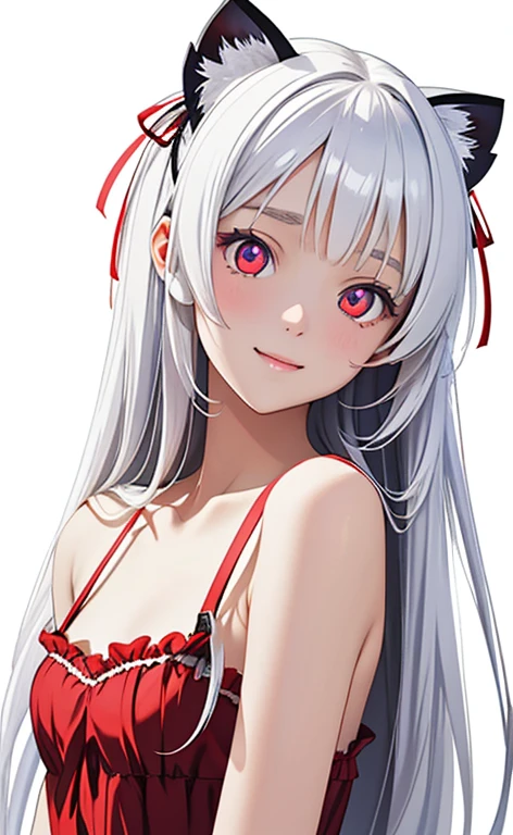 (Photorealistic:1.4)、(masterpiece、Side light、Exquisite beautiful eyes)、(Character Focus、Close to the audience、masterpiece*Portrait)、Cute Face、 3D Face、(white hair:1.5、Straight Hair、Color Inner Hair)、(1 Girl)、(Red eyes:1.2)、(Upper Body)、(Sundress)、 (Cute face),(fingersmile),kind face,(Small breasts),(white background:1.5)、(glowing eyes:1.3)、Flower hair ribbon、 Neat and clean、Adorable、Slim Body(Tareme:1.5),Shiny Hair、Glowing Skin、Nijisketch,Manga,zydG