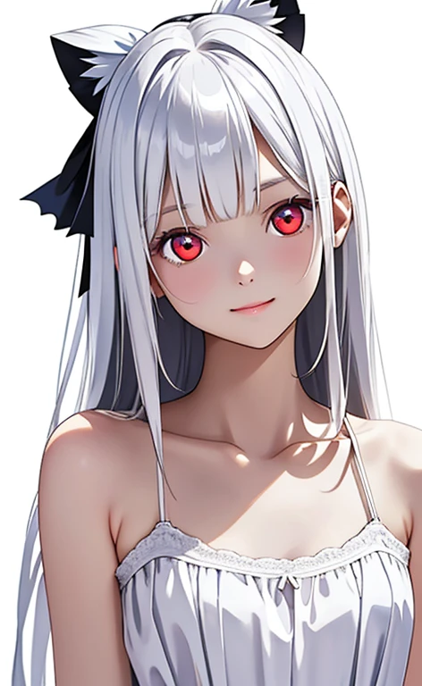 (Photorealistic:1.4)、(masterpiece、Side light、Exquisite beautiful eyes)、(Character Focus、Close to the audience、masterpiece*Portrait)、Cute Face、 3D Face、(white hair:1.5、Straight Hair、Color Inner Hair)、(1 Girl)、(Red eyes:1.2)、(Upper Body)、(Sundress)、 (Cute face),(fingersmile),kind face,(Small breasts),(white background:1.5)、(glowing eyes:1.3)、Flower hair ribbon、 Neat and clean、Adorable、Slim Body(Tareme:1.5),Shiny Hair、Glowing Skin、Nijisketch,Manga,zydG