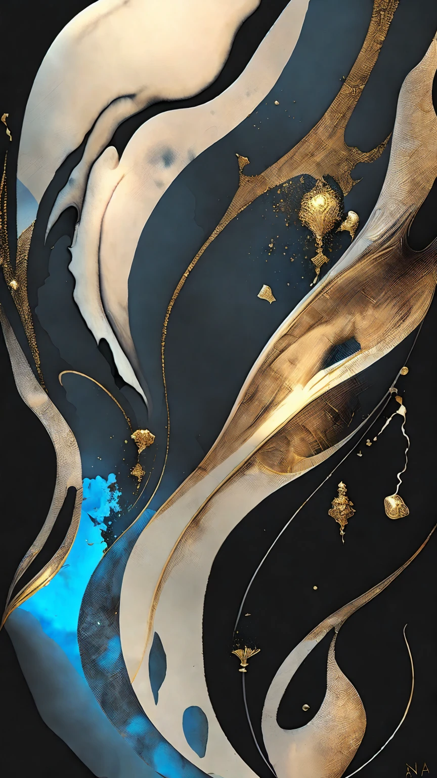 a beautiful abstract marble texture, with colors of black, blue and gold, highly detailed, intricate design, marble material, BY Anne Bachelier,