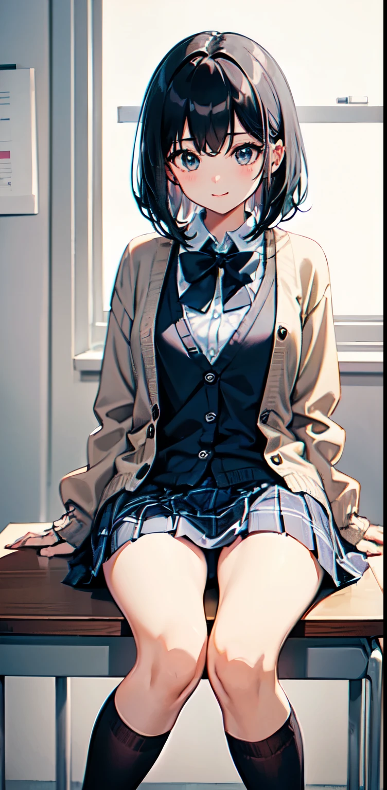 Super delicate and cute girl with black hair、soio、a 、14years、8K Ultra High Defition、Delicate texture、 Medium Hair、flat chest、(((Plaid mini skirt)))、(((Wear a cardigan over a collared shirt)))、high socks、Plain clothe、Smiling,spreading her legs,exposed panties,nsfw,middle breast,classroom,sitting on the desk,spreading legs open wide with knees bent,creating the shape of the letter M