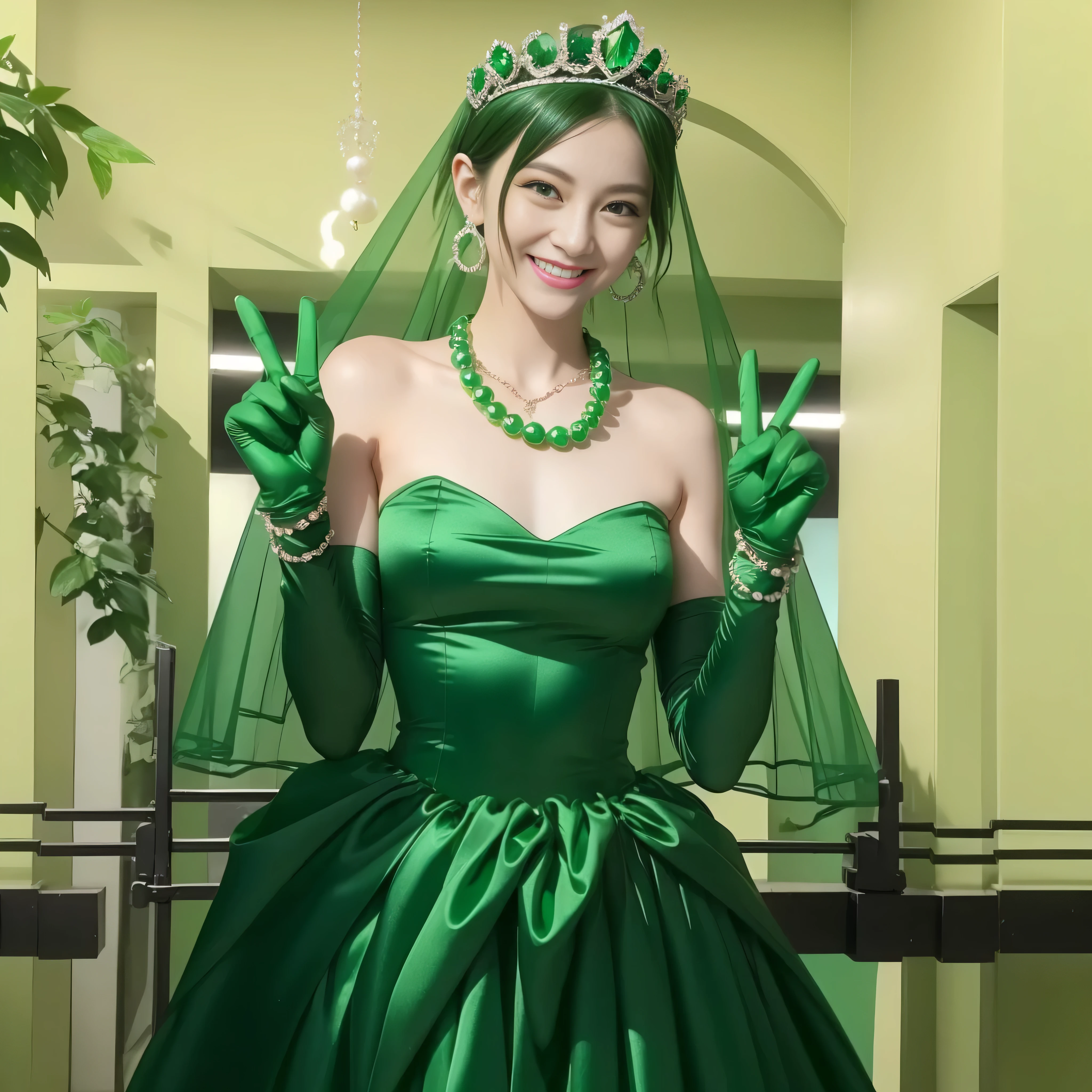 Emerald tiara, Green Pearl Necklace, Boyish very short green hair, lipstick, Smiling Japanese woman, Very short hair, Big and beautiful, Green Eyes, Long green satin gloves, Green Eyes, V sign, Emerald Earrings, Green veil, peace sign