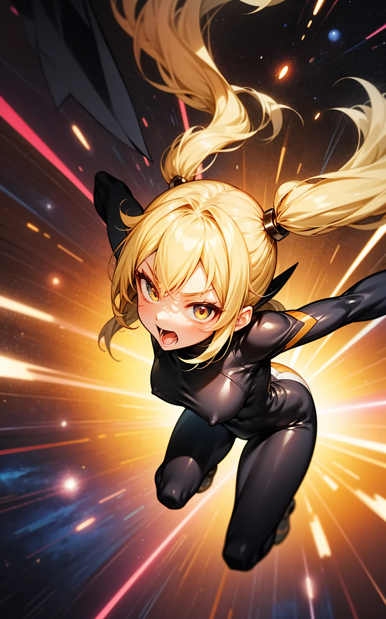 1 massive fist, Full Bare female, thigh up shot, dynamic pose, large fist for viewer, twin tail in wind, screaming, in cosmic space, melting tight zentai mixed ガーダーベルト, future wear, ((speedy effect)), colorful shining energy, sparking deep space background, deep impact, ((from above)),
