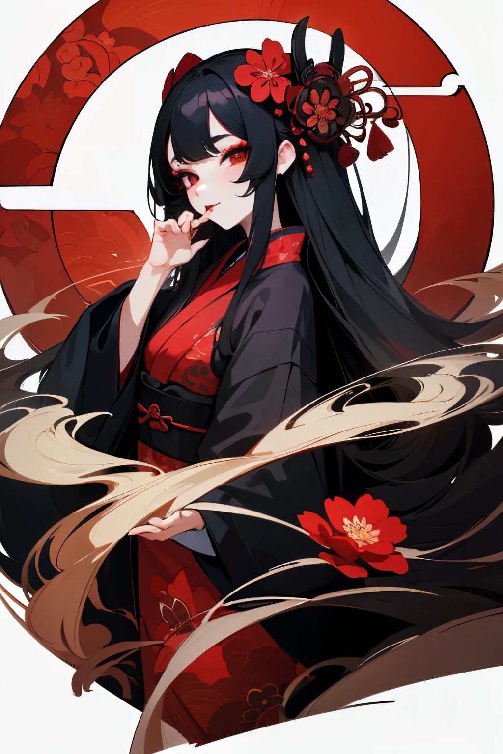 High-quality illustration, white background, a single woman with glossy long black hair, wearing a black kimono with a red floral pattern, fair skin, and makeup resembling that of an oiran.