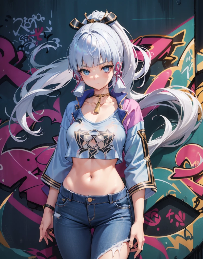 kamisato ayaka|genshin impact, master-piece, bestquality, 1girls,25 years old, proportional body, elongated legs, Beautiful, proportional., crop top, Long Jeans, mediuml breasts, ,bara, crop top, choker, (Graffiti:1.5), Splash with purple lightning pattern., arm behind back, against wall, View viewers from the front., Thigh strap, Head tilt, bored,(NSTDA.:1.2), (10, beste-Qualit, master-piece: 1.4), Beautiful red hair, ultra-high resolution, (lifelike, photorealistic portrait: 1.48), 20 age, Cute Girl, (Looking Through Crop Tops.), Famous Japanese actors, beautiful clear eyes, Head tilt, cowboy shot, from the front, looking at the audience, expressionless, Beautiful lake, Zeiss 150mm F/ 2.8 Hasselblad, Whole body, foot, Ultra-Wide Angle,