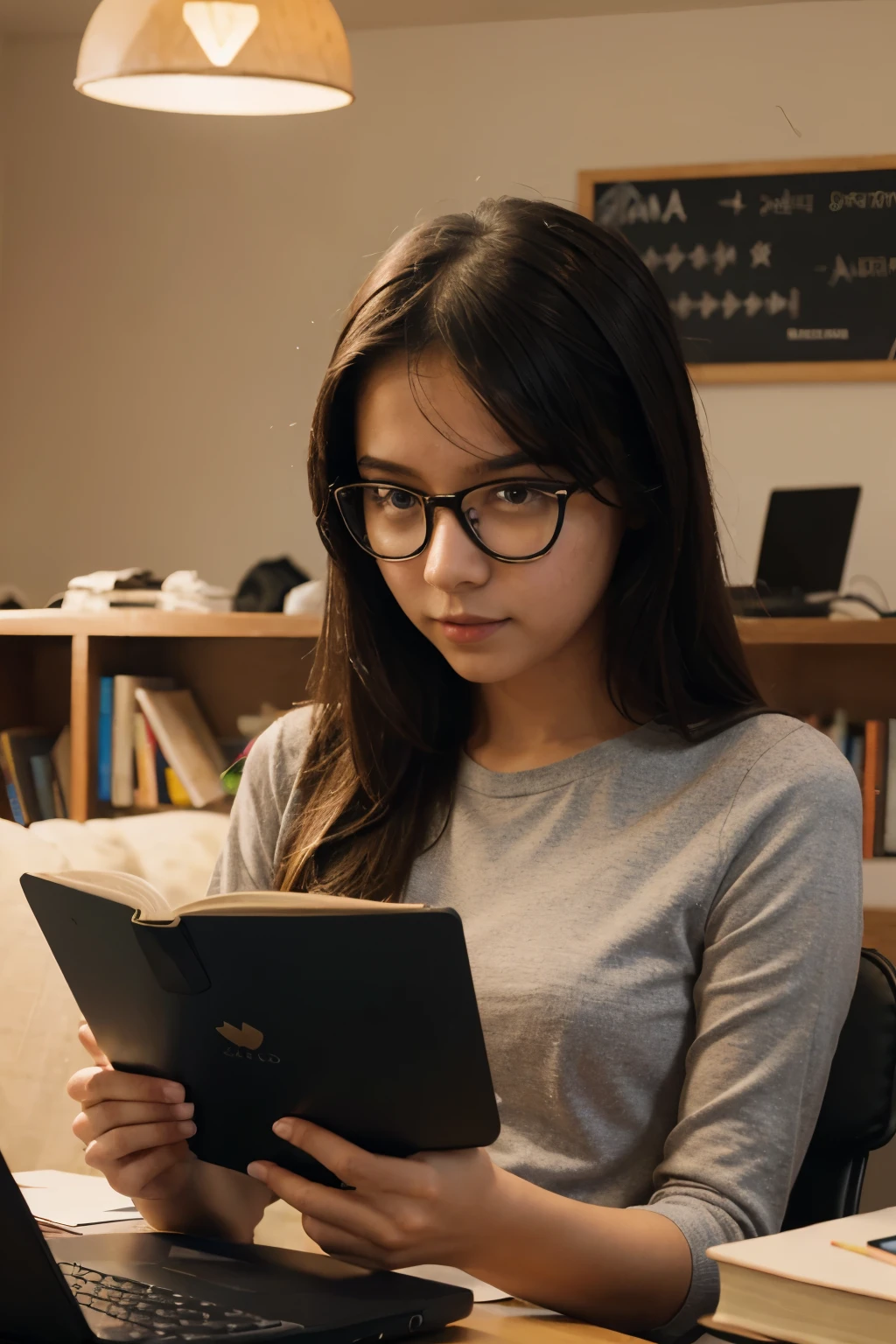 Online tuition, girl studying with lap top and books, 4 books, specs for girl, vector like image