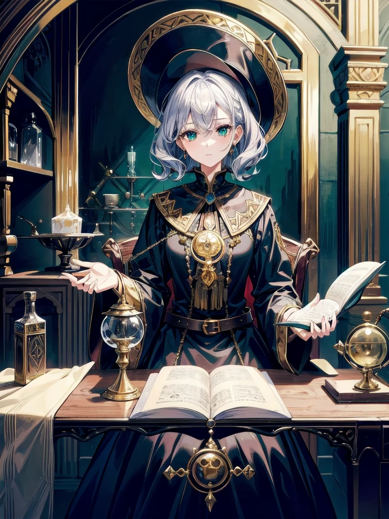 absurdres, RAW photo, extremely delicate and beautiful, masterpiece, Best Quality, ultra high resolution, 32k, hyperrealistic, ultra-detailed, perfect figure, detailed description, pale skin, 20 years old, detailed beautiful face and eyes, tearful mole, earring, short medium hair, wavy hair, full body, alchemist room, interior of an alchemist's study, ornate bookshelf, bubbling potions, mystical symbols, glowing crystals, brass instruments, leather chair, oil lamp, candles, old parchments, a traditional witch outfit, long black dress, pointed hat, broomstick, glowing green potion, detailed intricate patterns, 