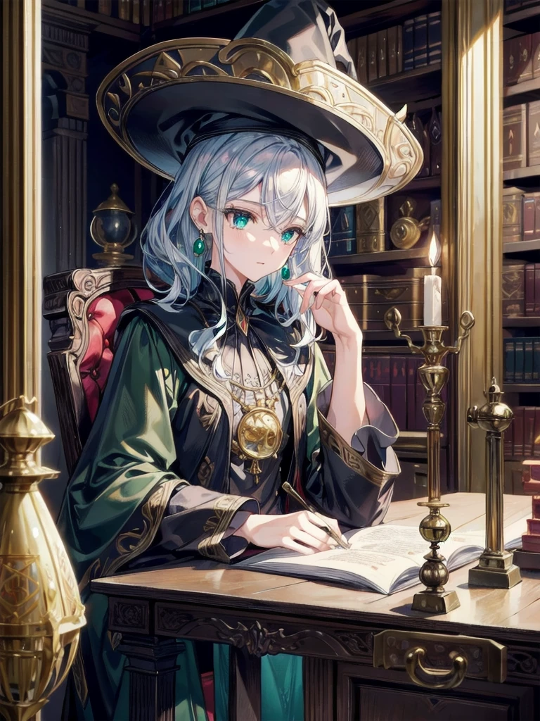 absurdres, RAW photo, extremely delicate and beautiful, masterpiece, Best Quality, ultra high resolution, 32k, hyperrealistic, ultra-detailed, perfect figure, detailed description, pale skin, 20 years old, detailed beautiful face and eyes, tearful mole, earring, short medium hair, wavy hair, full body, alchemist room, interior of an alchemist's study, ornate bookshelf, bubbling potions, mystical symbols, glowing crystals, brass instruments, leather chair, oil lamp, candles, old parchments, a traditional witch outfit, long black dress, pointed hat, broomstick, glowing green potion, detailed intricate patterns, 