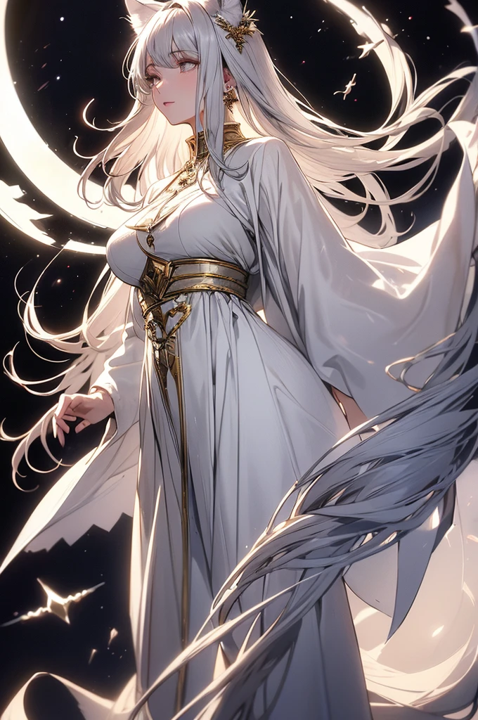 ((masterpiece, highest quality)),Ultra-high resolution, (realism: 1.4),Best illustrations,Line art,Very condensed adult female,Delicate and beautiful features,Slit eyes,Sharp face,A white coat with extremely detailed wrinkles,Silver Hair,Wolf ears,Big tail,Fantasy,The background is a full moon and wilderness,wide aperture,Unreal 5,Scattered beneath the surface,Anatomically correct,Low angle full body shot