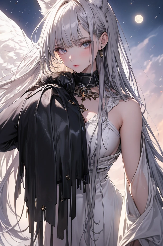 ((masterpiece, highest quality)),Ultra-high resolution, (realism: 1.4),Best illustrations,Line art,Very condensed adult female,Delicate and beautiful features,Slit eyes,Sharp face,A white coat with extremely detailed wrinkles,Silver Hair,Wolf ears,Big tail,Fantasy,The background is a full moon and wilderness,wide aperture,Unreal 5,Scattered beneath the surface,Anatomically correct,Low angle full body shot