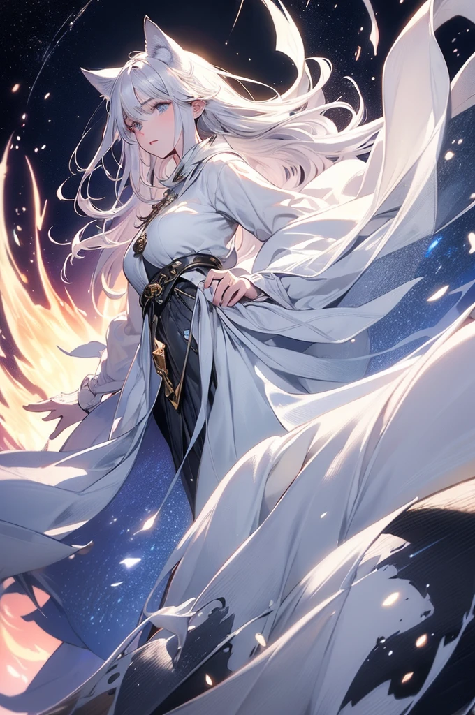 ((masterpiece, highest quality)),Ultra-high resolution, (realism: 1.4),Best illustrations,Line art,Very condensed adult female,Delicate and beautiful features,Slit eyes,Sharp face,A white coat with extremely detailed wrinkles,Silver Hair,Wolf ears,Big tail,Fantasy,The background is a full moon and wilderness,wide aperture,Unreal 5,Scattered beneath the surface,Anatomically correct,Low angle full body shot