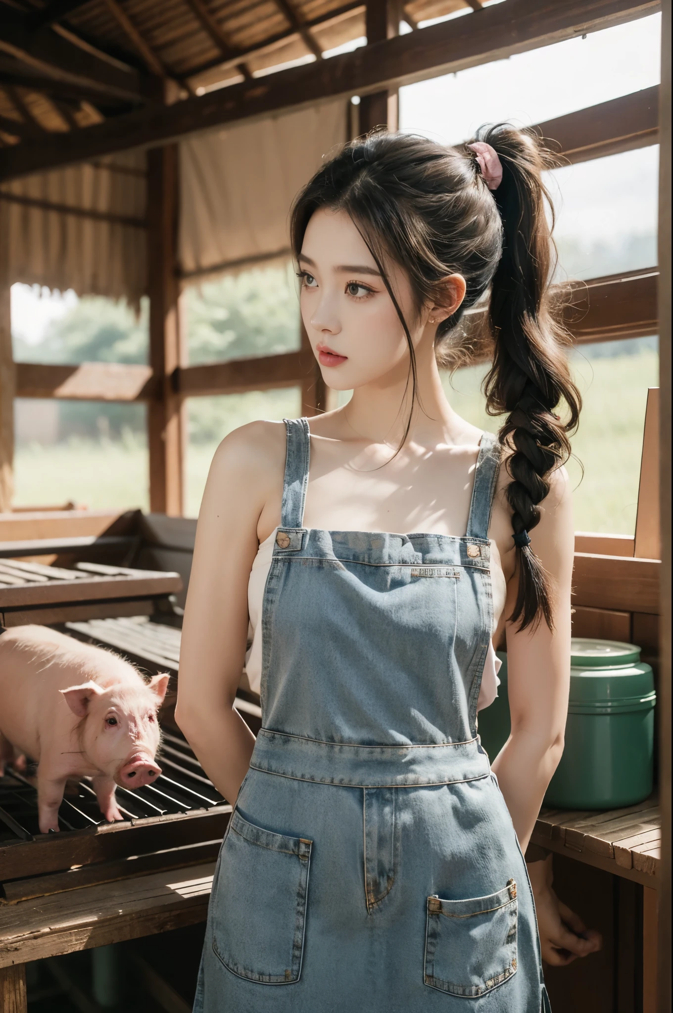 group photo of a girl and a huge pig,stood in the middle of a pig farm,short ponytail,bare shoulders,flat chests,torn apron,arms behind back,slender legs,realistic scenery,photography carnival,wildlife photography,aurora punk,animal and human styles,upper body,indoor