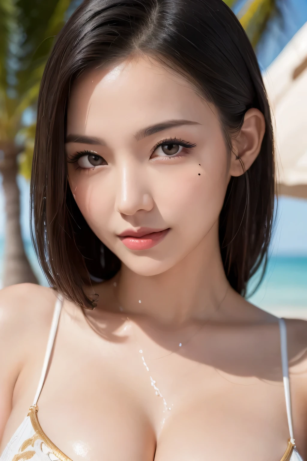 Body portrait, 8K, big and beautiful eyes, clear double eyelids, Dindal effect, masterpiece, top quality, high quality, high resolution, high definition photography, (natural skin texture, fine skin, hyper realism, Super Sharpness), High Detail Skin, (Very Fine, Fine Skin Texture, Intricate Details, Beautiful Face, (Realistic Face), Realistic Eyes, Beautifully Detailed Eyes, Realistic Skin, Beautiful Skin, Surrealistic , High Definition, Golden Ratio, Smiling Eyes, Mole Mouth, Daytime Beach Photography, Under the Sun, Body Portrait, G Cup, Big Breasts, Huge Breasts, Big Breasts, Glamorous, Oily Skin, Shiny Skin, Sexy Bikini, Full Body Shots: 1.5, cleavage, hot body, wet,