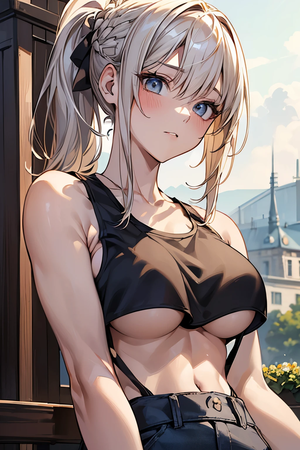 masterpiece、highest quality、Super detailed、An illustration、Beautiful detailed eyes、One girl、cute、Detailed landscape、Athletic field background、Platinum Blonde Hair、braided ponytail、Red camisole、((D cup breasts, Tank top showing underboob:1.3))