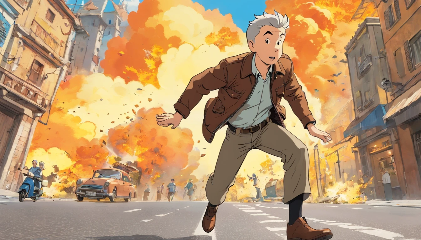 Tintin, 50 years old male wearing dark brown leather jacket, white shirt and brown cargo pants, slick and neat short grey hair, herge, european comics, jump high fast forward camera from big car explosion, action movie scene background 