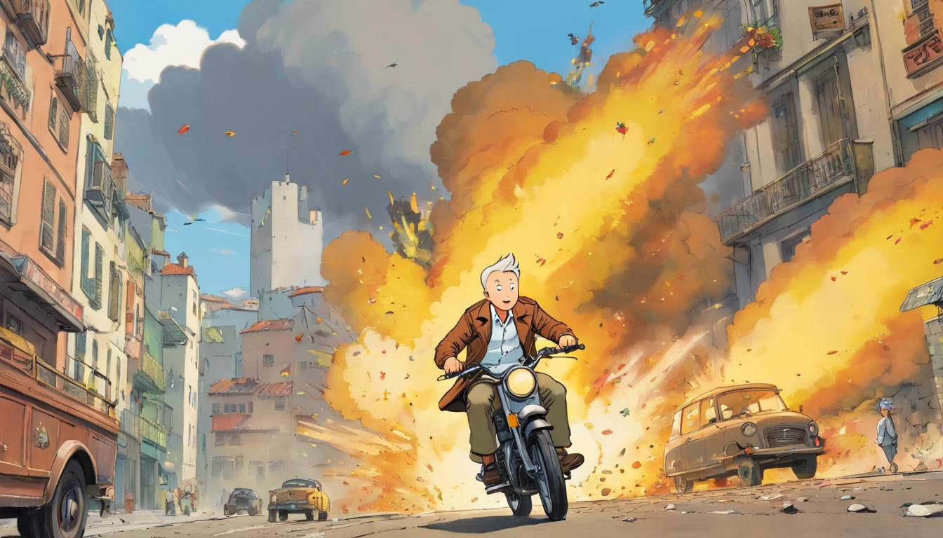 Tintin, 50 years old male wearing dark brown leather jacket, white shirt and brown cargo pants, slick and neat short grey hair, herge, european comics, jump high fast forward camera from big car explosion, action movie scene background 