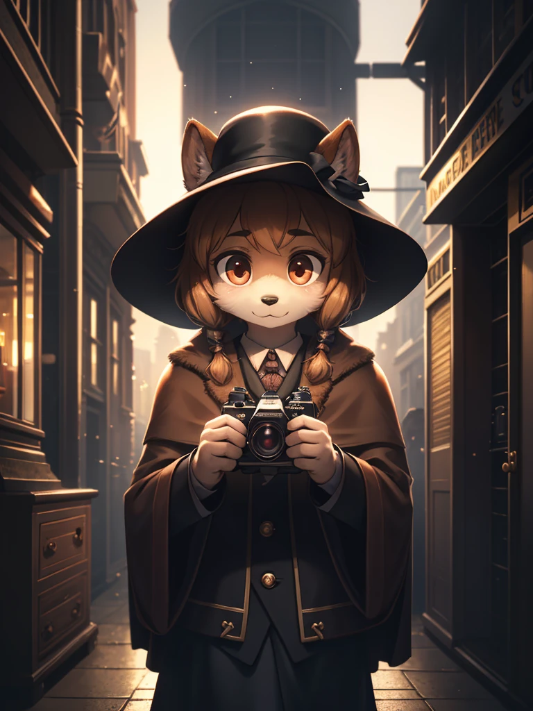 (Extreme Perspective:0.75) , Depth and foreground , rule of thirds , old Cine Lenses , Bokeh , realistic hairy fur , round face , round eyes , Swollen cheeks , hair ties , 1900s Foggy London city , Sherlock Holmes style movie , A female detective wearing a cloak and Journalist boy with a Rangefinder camera , (emerge from the shadows:1.2) , look at away , (peeping out scene) , twin-lens reflex camera