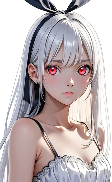 (Photorealistic:1.4)、(masterpiece、Side light、Exquisite beautiful eyes)、(Character Focus、Close to the audience、masterpiece*Portrait)、Cute Face、 3D Face、(white hair:1.5、Straight Hair)、(1 Girl)、(Red eyes:1.2)、(Upper Body)、(Sundress)、 (Cute face),(clear face),kind face,(Small breasts),(white background:1.5)、(glowing eyes:1.3)、(hair ribbon)、 Neat and clean、Adorable、Slim Body(Tareme:1.5),Shiny Hair、Glowing Skin、Nijisketch,Manga,zydG