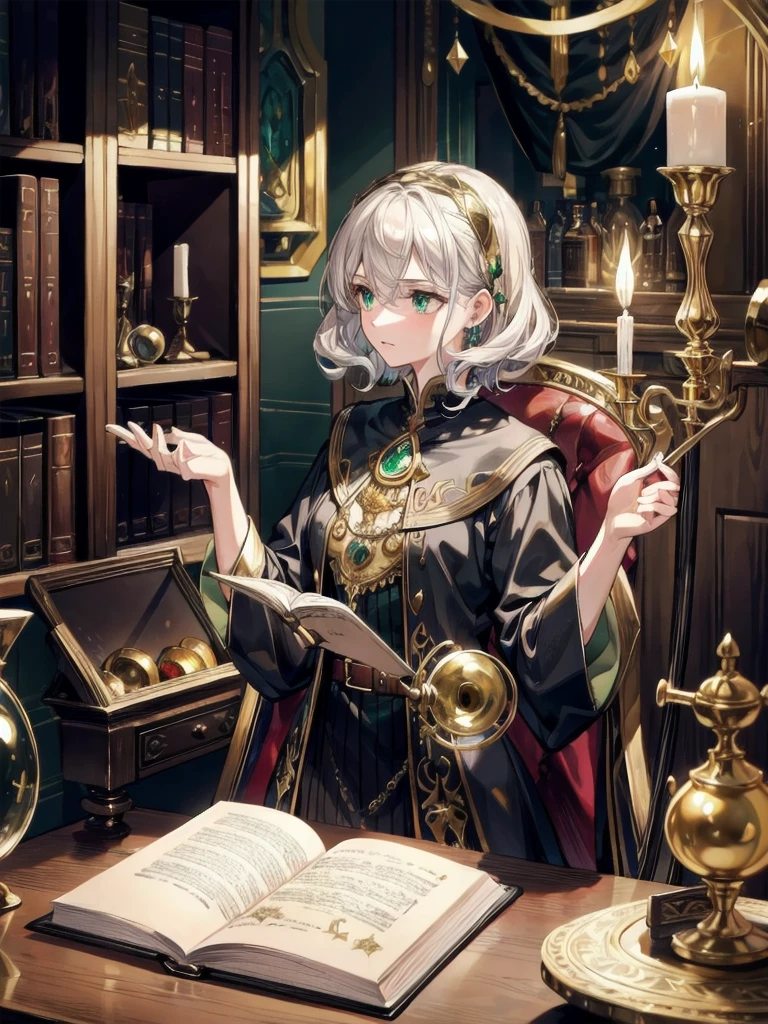 absurdres, RAW photo, extremely delicate and beautiful, masterpiece, Best Quality, ultra high resolution, 32k, hyperrealistic, ultra-detailed, perfect figure, detailed description, pale skin, 20 years old, detailed beautiful face and eyes, tearful mole, earring, short medium hair, wavy hair, whole body, alchemist room, interior of an alchemist's study, ornate bookshelf, bubbling potions, mystical symbols, glowing crystals, brass instruments, leather chair, oil lamp, candles, old parchments, a traditional witch outfit, long black dress, broomstick, glowing green potion, detailed intricate patterns, 