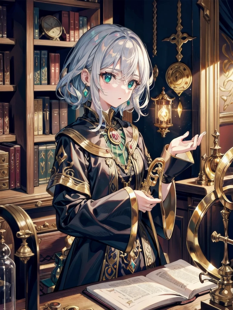 absurdres, RAW photo, extremely delicate and beautiful, masterpiece, Best Quality, ultra high resolution, 32k, hyperrealistic, ultra-detailed, perfect figure, detailed description, pale skin, 20 years old, detailed beautiful face and eyes, tearful mole, earring, short medium hair, wavy hair, whole body, alchemist room, interior of an alchemist's study, ornate bookshelf, bubbling potions, mystical symbols, glowing crystals, brass instruments, leather chair, oil lamp, candles, old parchments, a traditional witch outfit, long black dress, broomstick, glowing green potion, detailed intricate patterns,