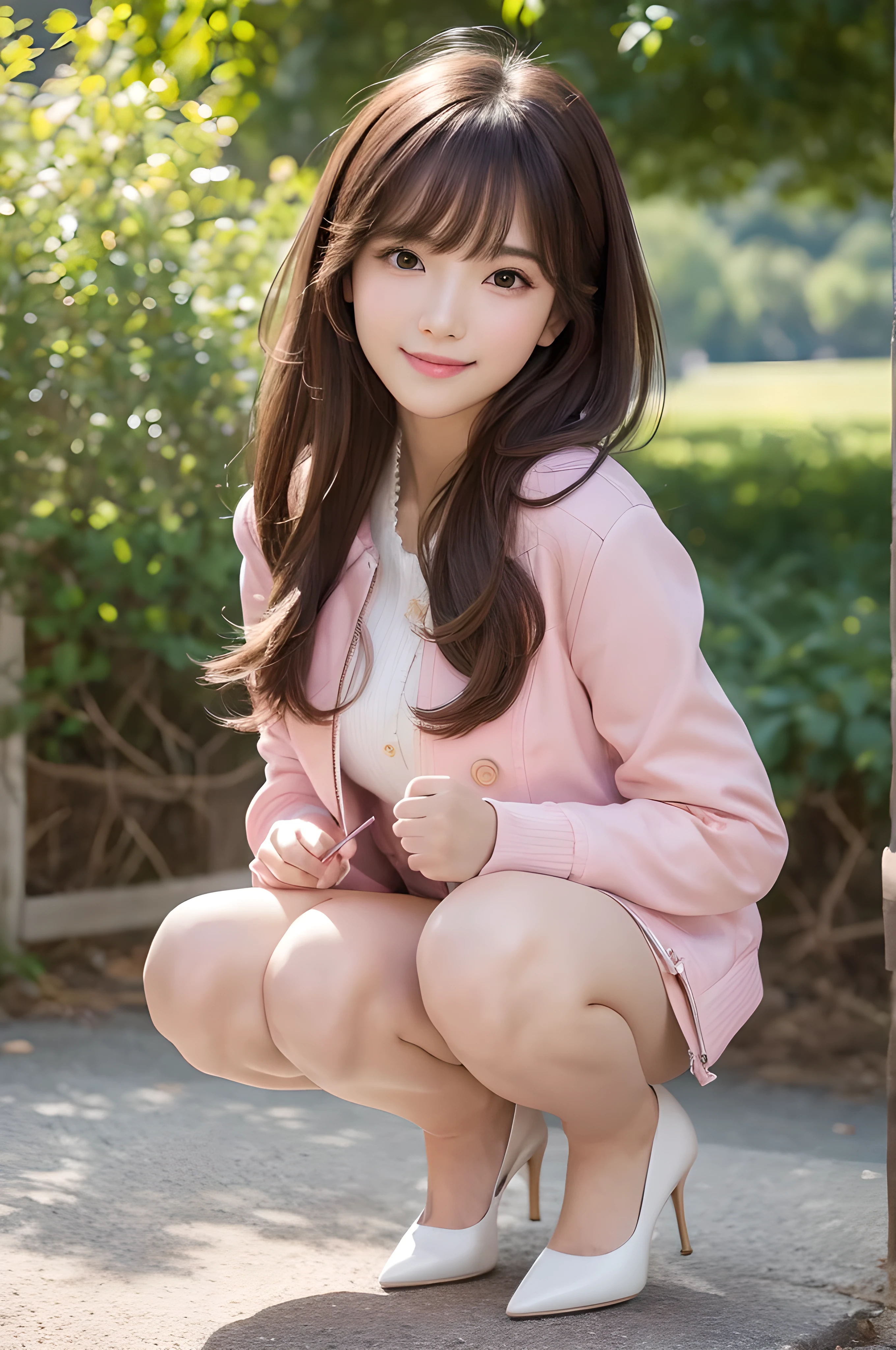 highest quality:1.2, 8K, Sharp focus, masterpiece: 1.2, Natural light, Detailed CG, beautiful girl:1.2, reality, Detailed facial texture, Realistic Skin, Beautiful Makeup, Detailed bangs)), (Depth of written border), Background bokeh, Head tilt, smile, Brown long hair, Cowboy Shot, (Pink Crop Jacket), Wind, Self Snap , from the front,clear,Korean Beauty,whole body,Background white,Beautiful legs,Beautiful legs,Wearing pumps,Snazzy,Are standing,Whole body photography,Cute eyes,