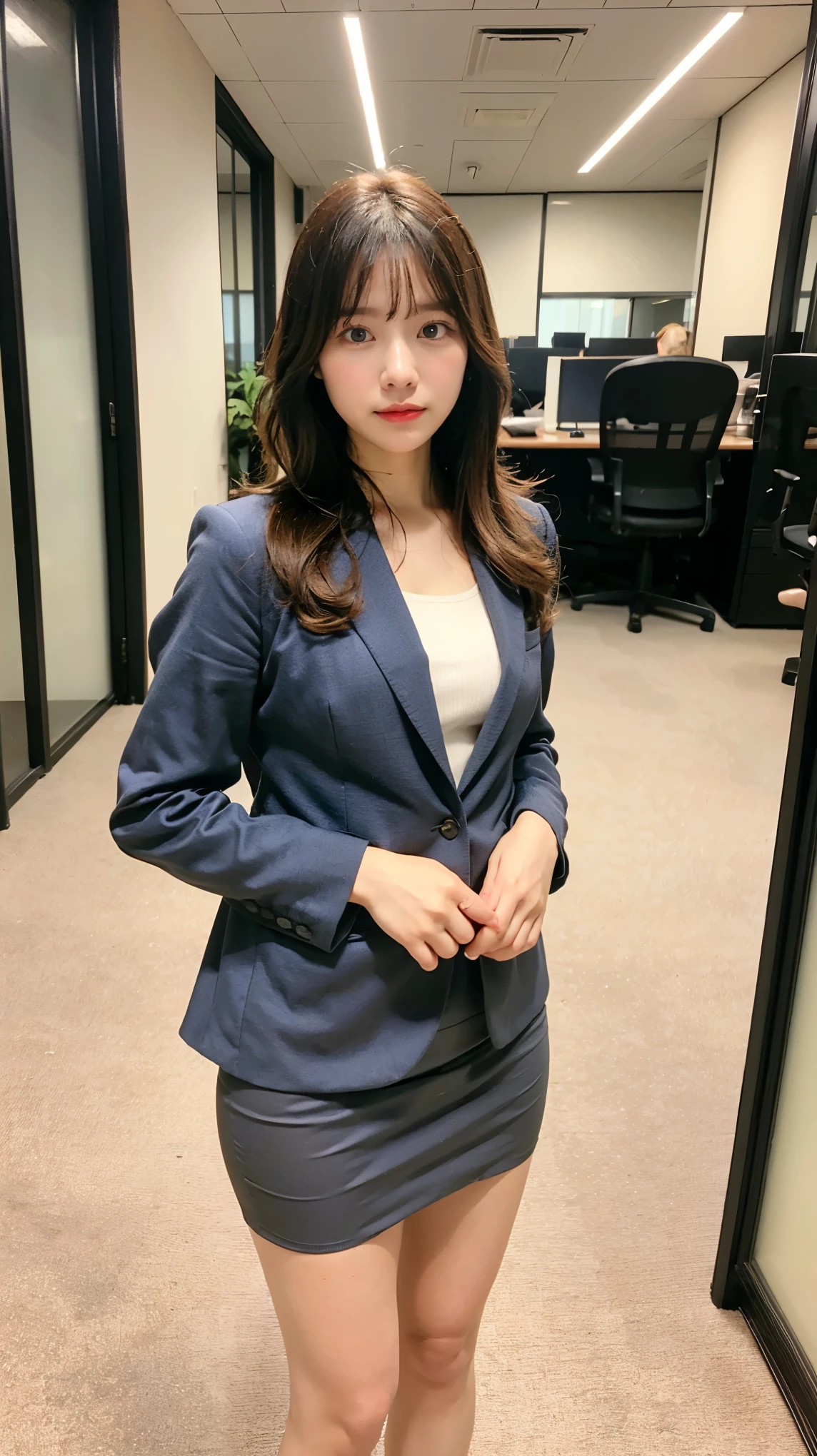 (masterpiece:1.3), (8k, Realistic, RAW Photos, highest quality: 1.4), (Medium Hair:1.3),Ultra High resolution, Ultra-realistic, High resolution, ２Man's Office Lady:1.5, Tight skirt、From directly below:1.5, Long Hair, Looking down angle:1.5、Walk through the office:2、Holding a bag in your hand、Panties under skirt:1.5、blazer:1.5、