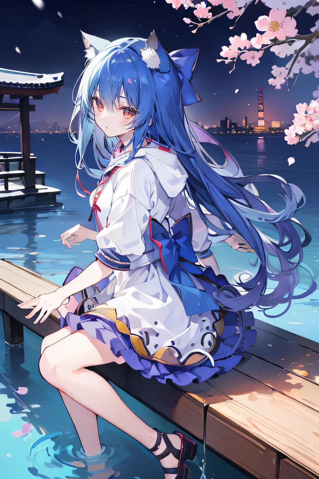 (masterpiece:1.2),Super detailed,lifelike,Expressive eyes,fair skin,perfect face shape,1 girl,
Japanese comics,Gorgeous blue hair,flowing blue hair,flowing clothes,Cat ears,Petals fall,beautiful lola,Baby Angel,
Shaking head with one hand,Cross your legs,Gentle and peaceful background,The pavilion is cool and comfortable,smile, wearing hoodie, background of tokyo,back views,snowing, winter,lie on the water,two legs.