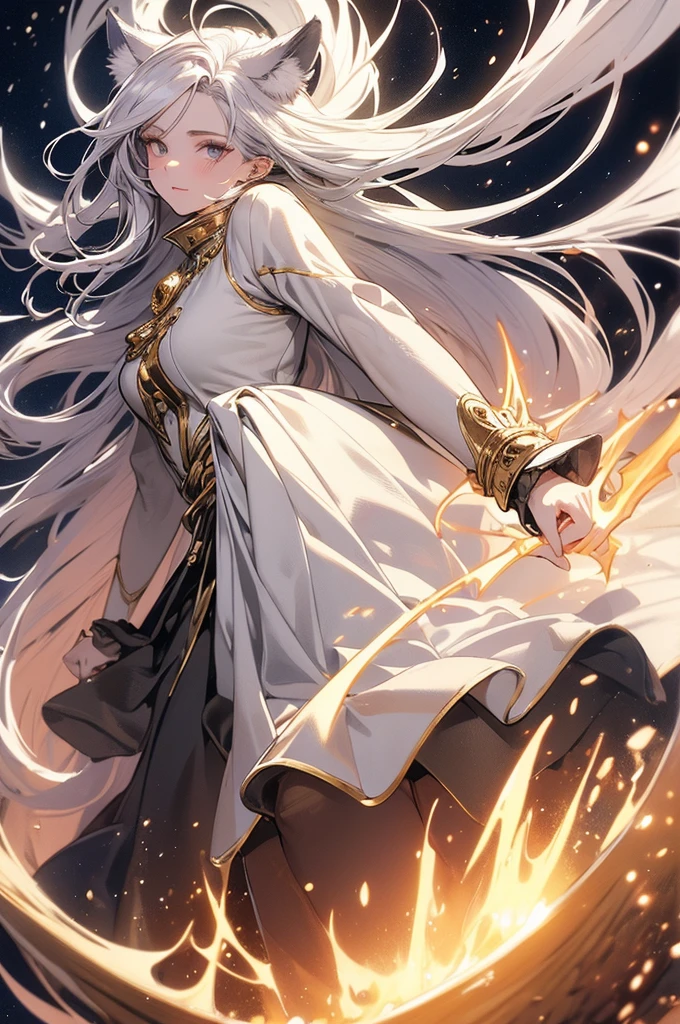 ((masterpiece, highest quality)),Ultra-high resolution, (realism: 1.4),Best illustrations,Line art,Very condensed adult female,Delicate and beautiful features,Slit eyes,Sharp face,A white coat with extremely detailed wrinkles,Silver Hair,Wolf ears,Big tail,Fantasy,The background is a full moon and wilderness,wide aperture,Unreal 5,Scattered beneath the surface,Anatomically correct,Low angle full body shot