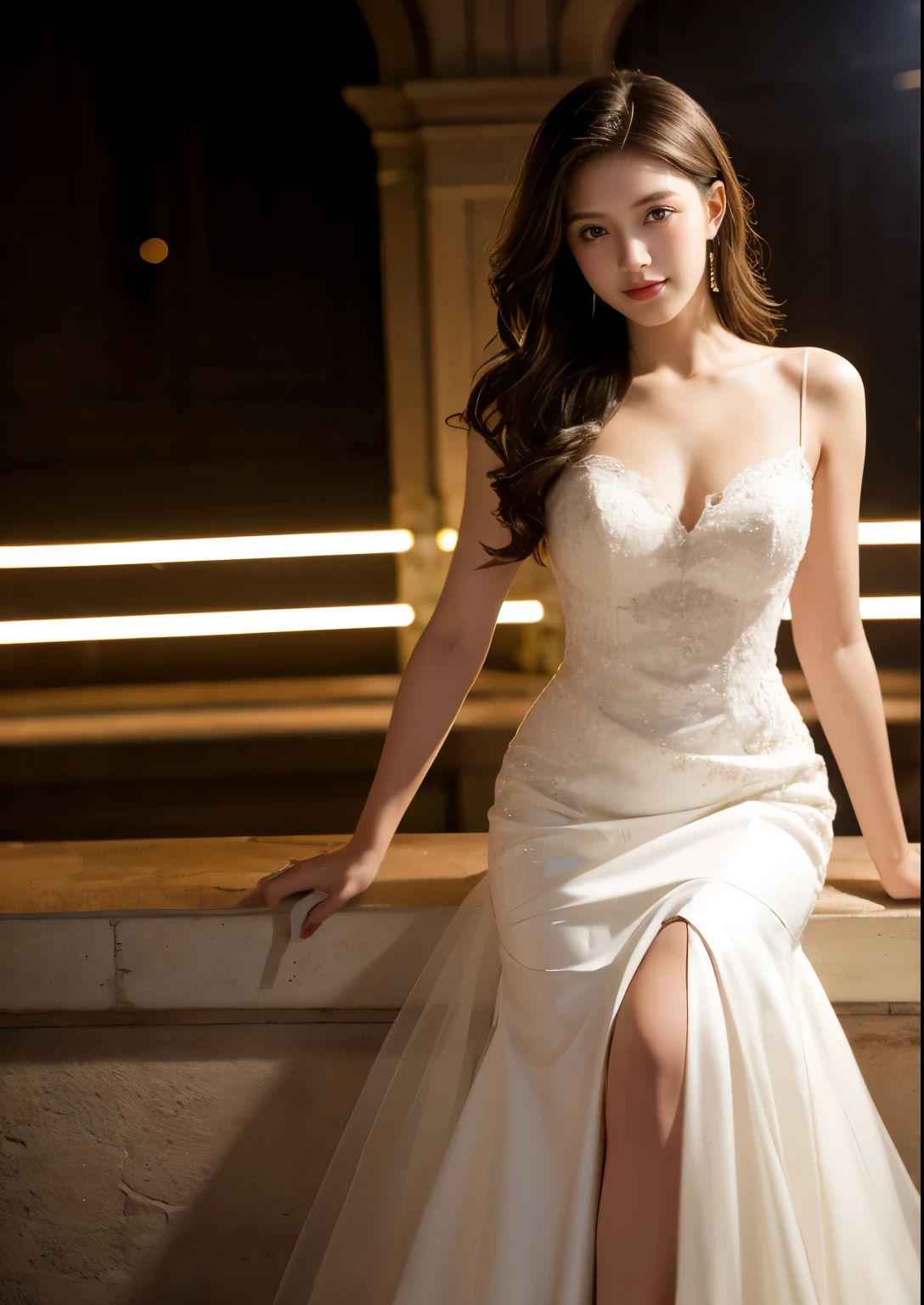 Beautiful 23 year old woman。She is skinny. She is wearing a wedding dress and white long length gloves. She is smiling on illuminated by the evening church lights on the romantic sunset time. her dark brown length hair. High resolution、masterpiece、highest quality、頭w:1.0、((Hasselblad Photos))、fine skin、(movie lighting)、clavicle . full body picture.