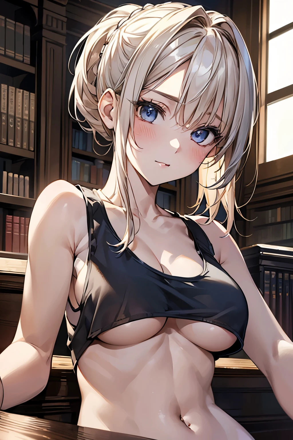 masterpiece、highest quality、Super detailed、An illustration、Beautiful detailed eyes、One girl、cute、Detailed landscape、Library Background、Platinum Blonde Hair、braided ponytail、Red camisole、((D cup breasts, Tank top showing underboob:1.3))