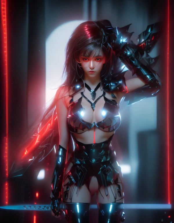 a ultra beautiful girl, with a black techno fantasy armor and a great sword in the back, cute, 12k, uhd, photorealistic,  red lights decourations, black short hairs, ((european white race)), (ultra beautiful gorgeous realistic), naked belly and (naked arms)