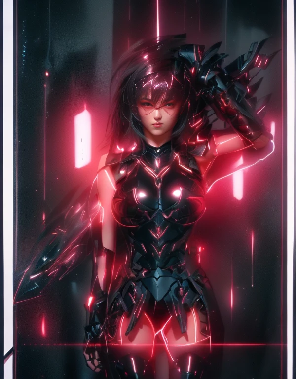 a ultra beautiful girl, with a (black techno fantasy armor) and a great sword in the back, cute, 12k, uhd, photorealistic, red decourations, black short hairs, ((european race)), (ultra beautiful gorgeous realistic), naked belly and (naked arms), black armour, red decourations, red great sword, black hairs, ((pink skin))