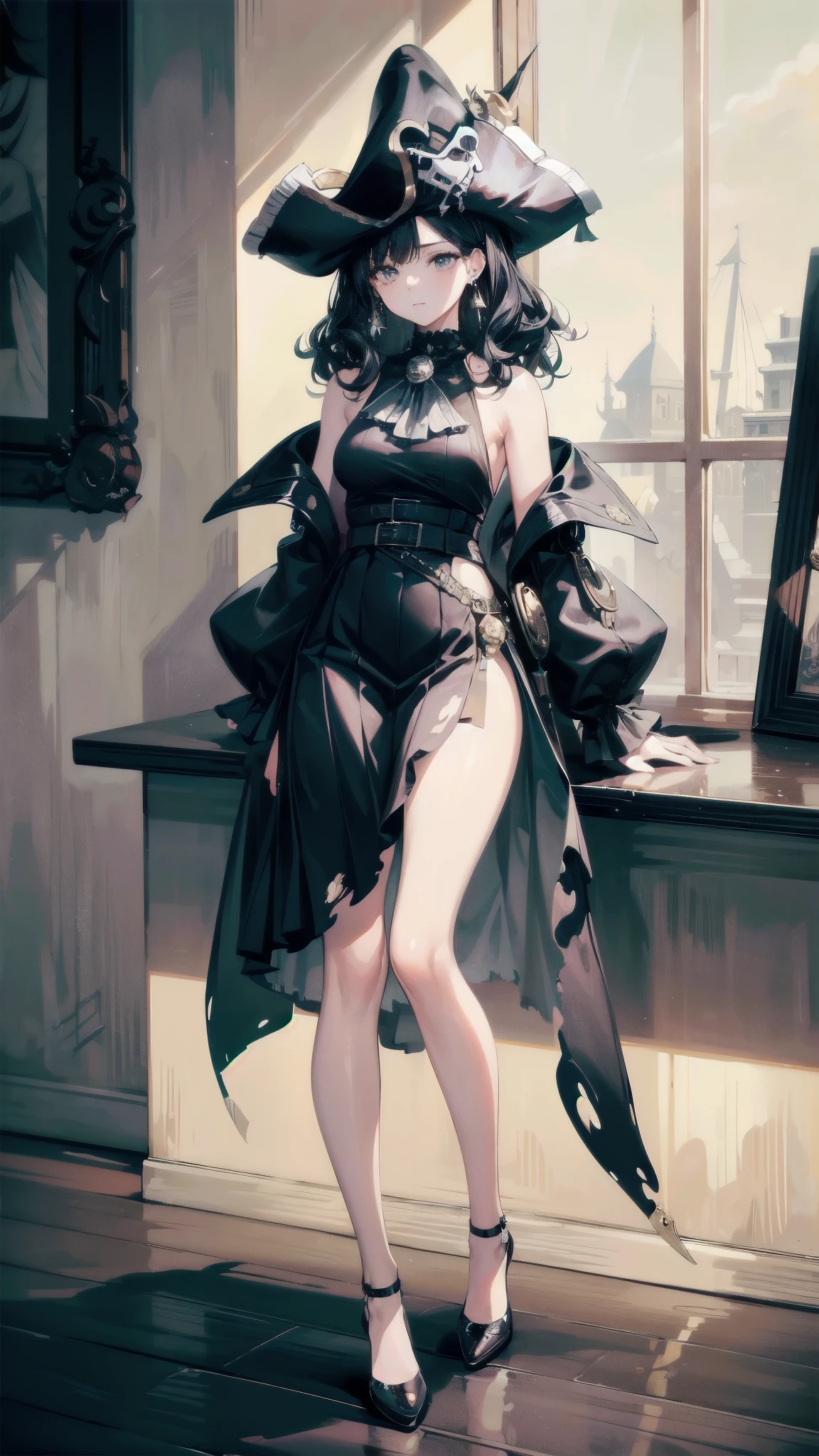 absurd, RAW photos, extremely delicate and beautiful, masterpiece, best quality, Ultra-high resolution, 32k, Surrealism, Extremely detailed, Perfect body, Tear mole, earrings, Full body shooting, Short Medium Long Hair, curls, ((Practical clothing)), long sleeve pirate top, skirt,torn pirate hat, 