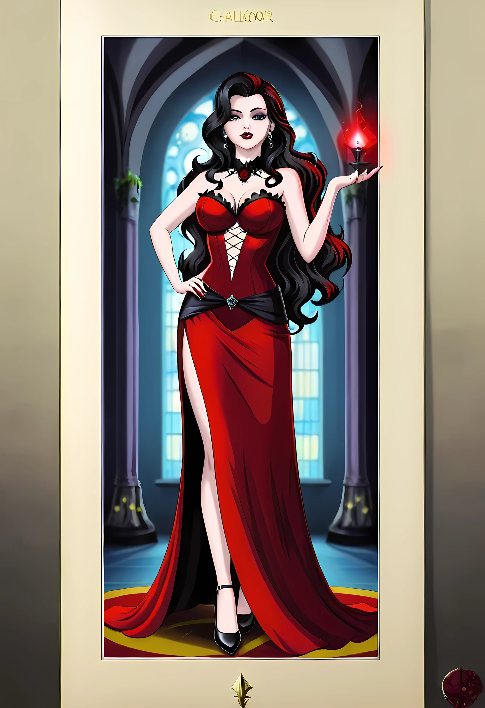 Dark fantasy art, fantasy art, goth art,  a picture of a female vampire, exquisite beauty, full body shot, dark glamour shot,  pale white skin, dark blond hair, long hair, wavy hair, (glowing grey: 1.3) eyes,  she  wears a (red: 1.3) red dress, ArmoredDress, the roses are imprinted on the dress (black: 1.4)  black roses betmd, high heells, dark castle porchm, dark, black and color