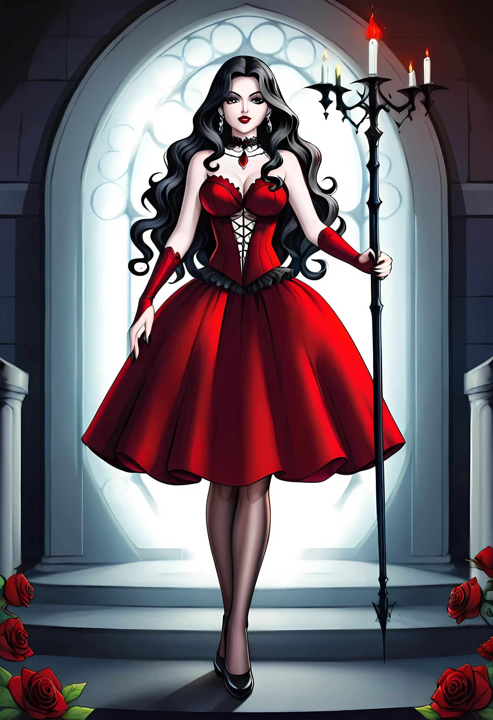 Dark fantasy art, fantasy art, goth art,  a picture of a female vampire, exquisite beauty, full body shot, dark glamour shot,  pale white skin, dark blond hair, long hair, wavy hair, (glowing grey: 1.3) eyes,  she  wears a (red: 1.3) red dress, ArmoredDress, the roses are imprinted on the dress (black: 1.4)  black roses betmd, high heells, dark castle porchm, dark, black and color