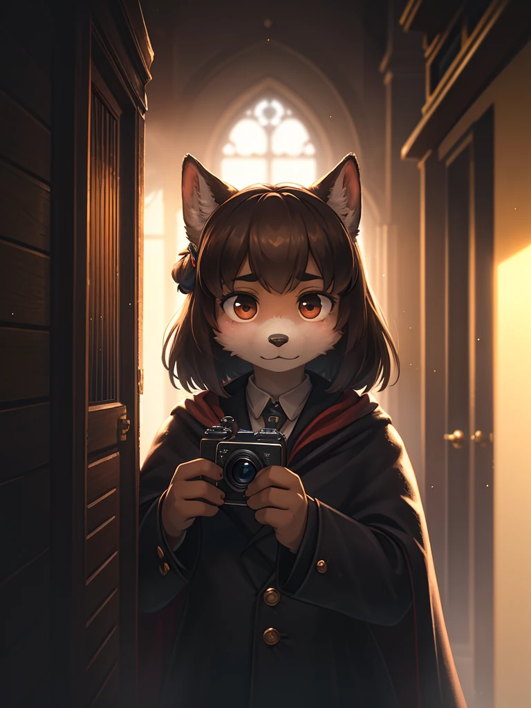 (Extreme Perspective:0.75) , Depth and foreground , rule of thirds , old Cine Lenses , Bokeh , realistic hairy fur , round face , round eyes , Swollen cheeks , hair ties , 1900s Foggy London city , Sherlock Holmes style movie , A female detective wearing a cloak and Journalist boy with a Rangefinder camera , (emerge from the shadows:1.2) , look at away , (peeping out scene) , Hidden photos