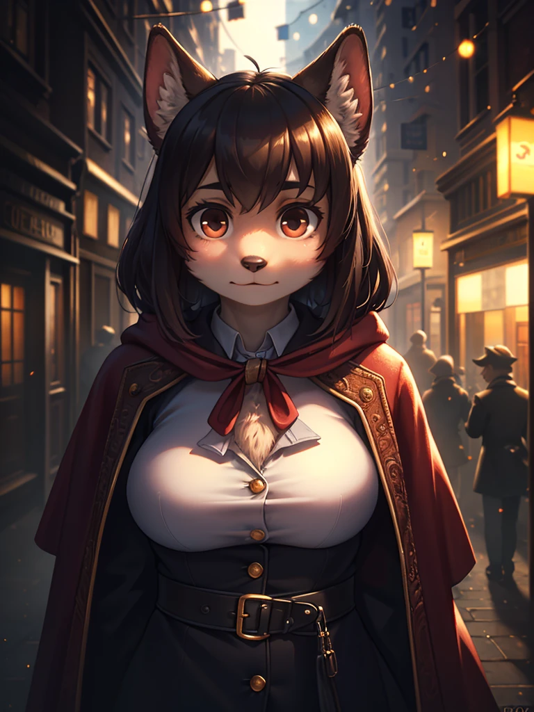 (Extreme Perspective:0.75) , Depth and foreground , rule of thirds , old Cine Lenses , Bokeh , realistic hairy fur , round face , round eyes , Swollen cheeks , hair ties , 1900s Foggy London city , Sherlock Holmes style movie , A female detective wearing a cloak and Journalist boy with a Rangefinder camera , (emerge from the shadows:1.2) , look at away , (peeping out scene) , Hidden photos