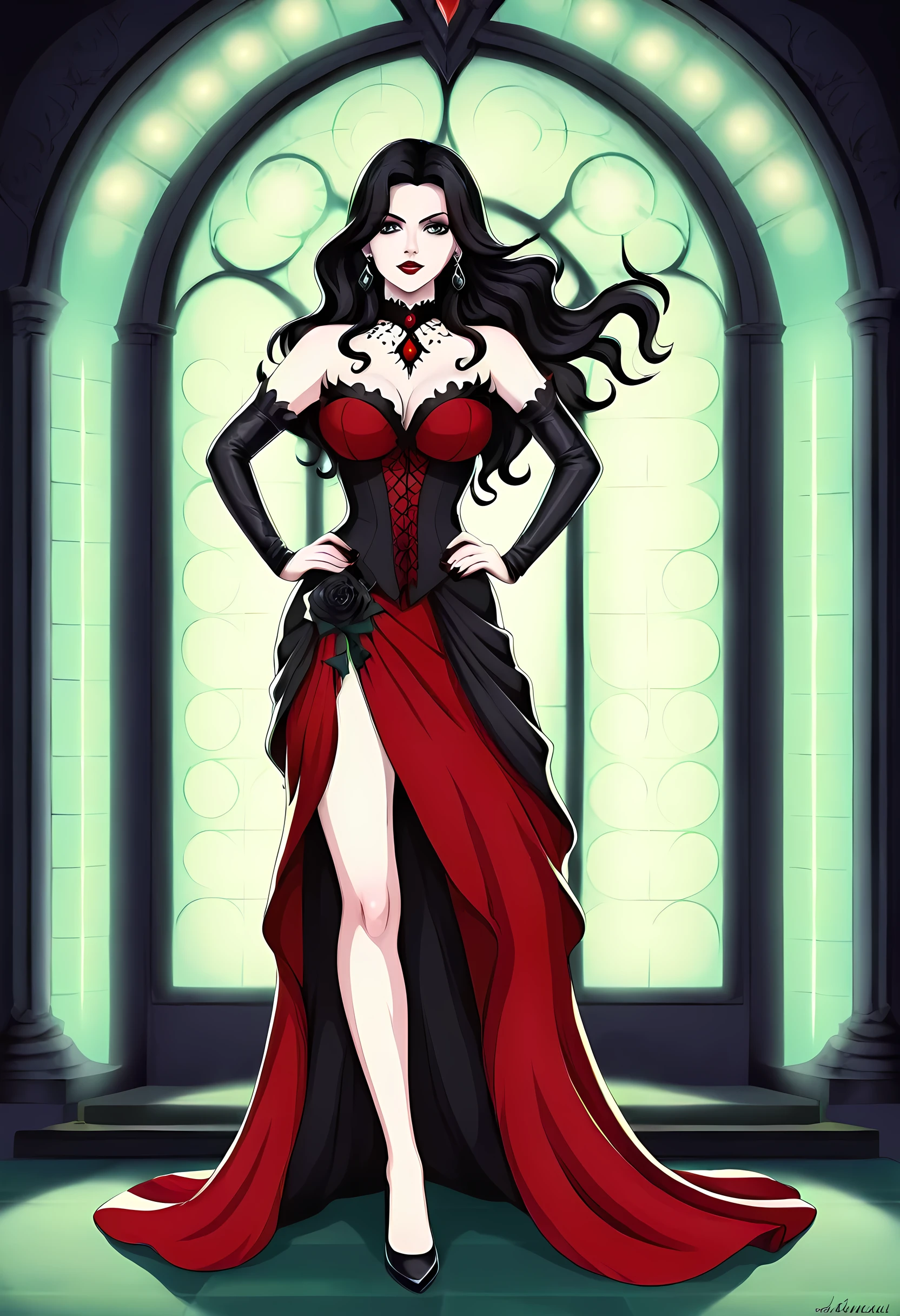 Dark fantasy art, fantasy art, goth art,  a picture of a female vampire, exquisite beauty, full body shot, dark glamour shot,  pale white skin, dark blond hair, long hair, wavy hair, (glowing grey: 1.3) eyes,  she  wears a (red: 1.3) red dress, ArmoredDress, the roses are imprinted on the dress (black: 1.4)  black roses betmd, high heells, dark castle porchm, dark, black and color