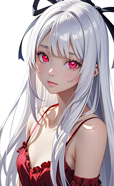 (Photorealistic:1.4)、(masterpiece、Side light、Exquisite beautiful eyes)、(Character Focuasterpiece*Portrait)、Cute Face、 3D Face、(white hair:1.5、Straight Hair)、(1 Girl)、(Red eyes:1.2)、(cowboy shot)、(Sundress)、 (Cute face),(clear face),kind face,(Small breasts),(white background:1.5)、(glowing eyes:1.3)、(hair ribbon)、 Neat and clean、Adorable、Slim Body(Tareme:1.5),Shiny Hair、Glowing pink Skin、Nijisketch,Manga,zydG