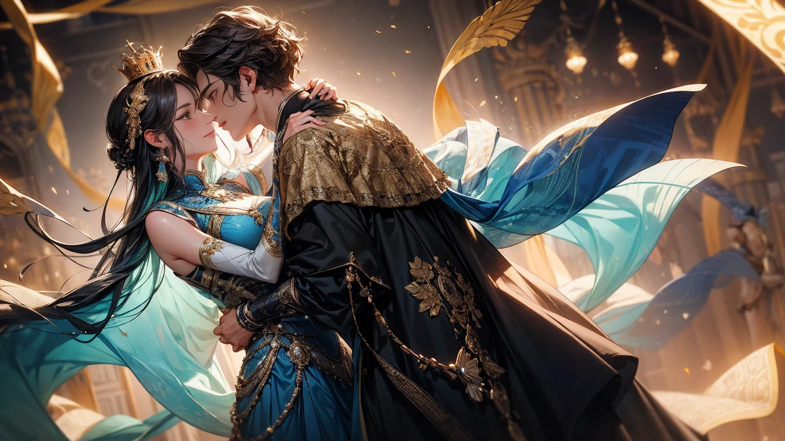 masterpiece, Highest quality, Very detailed, An intimate encounter between a man and a woman unfolds in a heartwarming and enchanting scene.。The stage is、steppe of central asia。The banks of the great river sparkling in the sunlight。Fantastic and majestic continental scenery。Creates a romantic atmosphere。 They stand facing each other,。their heights are different from each other。 emphasizes their unique physical characteristics。 That man is his height,Has dark hair that frames his striking face。The man is the crown prince of a steppe nomadic empire.。The man was wearing an ultramarine costume.、It is decorated with intricate golden embroidery.。A woman is a civilian in the oasis and is wearing Uyghur national costume.。The woman is delicate and .。Show off your radiant beauty with flowing, brightly colored hair. Their lips meet in a passionate kiss。 their pure love、Emphasis is placed on transcending class and culture.。 This magical moment captures the essence of their love,。evokes a feeling of sweetness and enchantment。Japanese girl manga patterns、symbolism、impressionism、romantic、Persian miniature、Reminiscent of the style of Alma Tadema and Gustave Moreau、It has an exotic, luxurious and profound charm.。