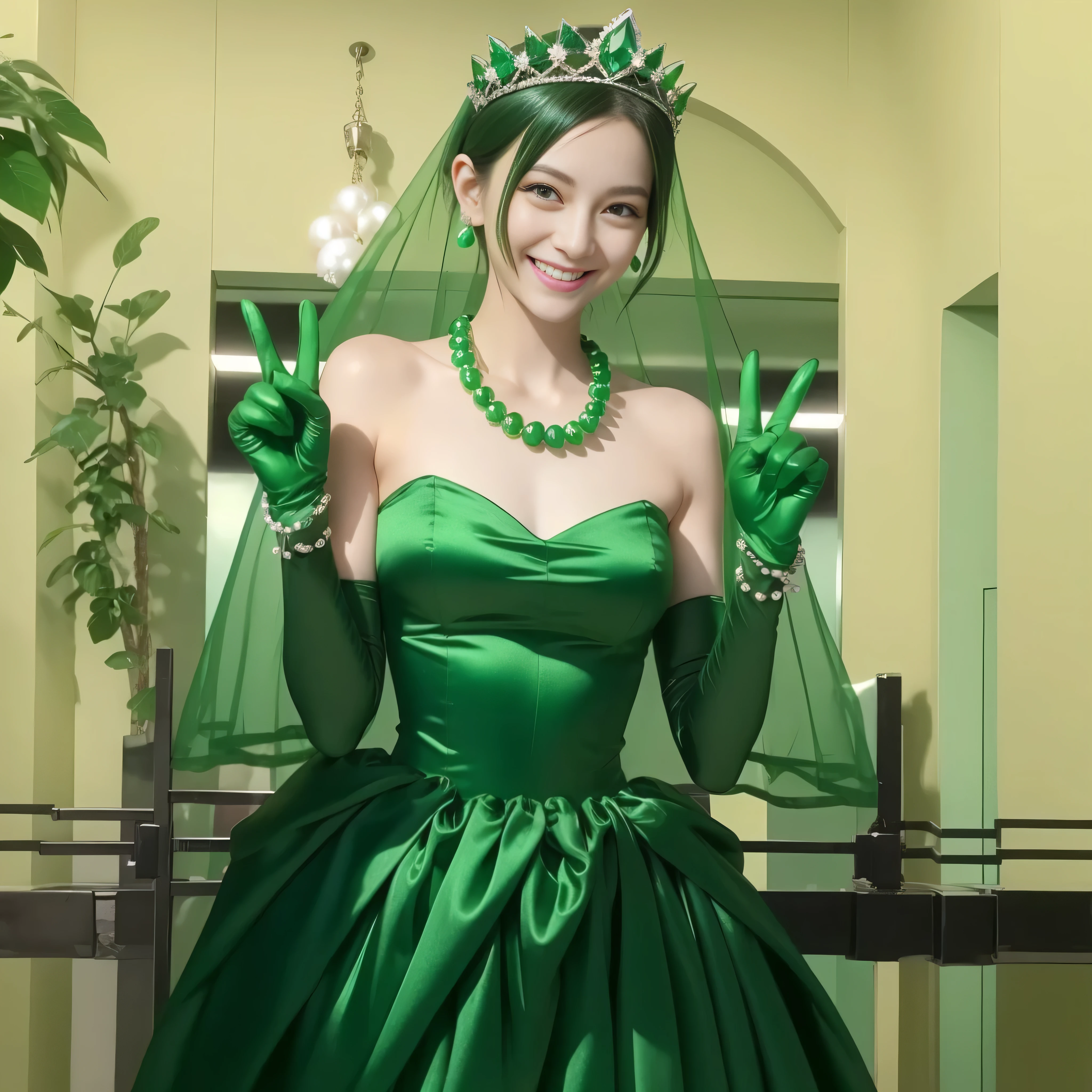 Emerald tiara, Green Pearl Necklace, Boyish very short green hair, lipstick, Smiling Japanese woman, Very short hair, Big and beautiful, Green Eyes, Long green satin gloves, Green Eyes, V sign, Emerald Earrings, Green veil, peace sign