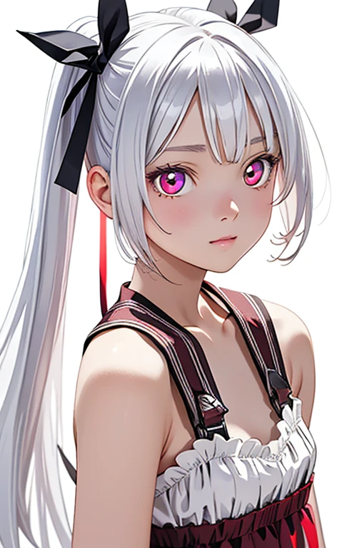 (Photorealistic:1.4)、(masterpiece、Side light、Exquisite beautiful eyes)、(Character Focuas,terpiece*Portrait)、Cute Face、 3D Face、(white hair:1.5、Straight Hair)、(1 Girl)、(Red eyes:1.2)、(cowboy shot)、(Sundress)、 (Cute face),(clear face),kind face,(Small breasts),(white background:1.5)、(glowing eyes:1.3)、(hair ribbon)、 Neat and clean、Adorable、Slim Body(Tareme:1.5),Shiny Hair、Glowing pink Skin、Nijisketch,Manga,zydG