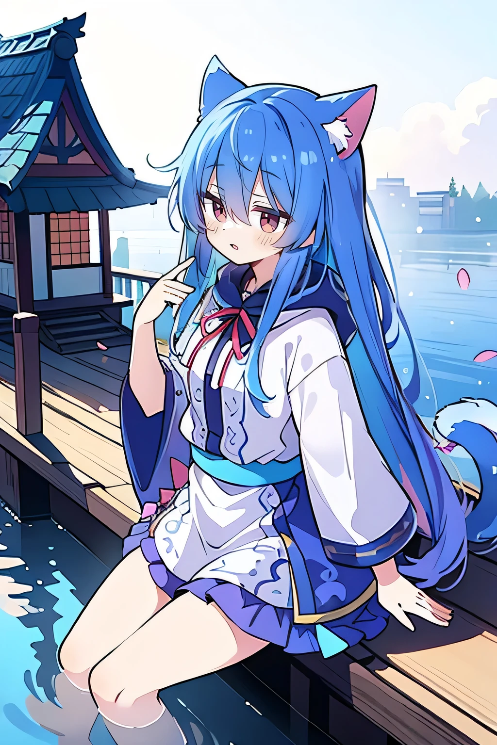(masterpiece:1.2),Super detailed,lifelike,Expressive eyes,fair skin,perfect face shape,1 girl,
Japanese comics,Gorgeous blue hair,flowing blue hair,flowing clothes,Cat ears,Petals fall,beautiful lola,Baby Angel,
Shaking head with one hand,Cross your legs,Gentle and peaceful background,The pavilion is cool and comfortable,smile, wearing hoodie, background of tokyo,back views,snowing, winter,lie on the water.