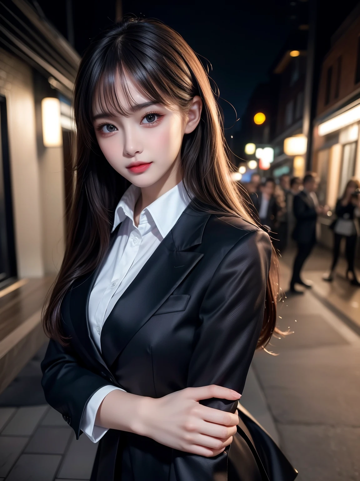 best quality, masterpiece, 1girl, Beautiful face, (photo realistic:1.3), rim lighting, (high detailed skin:1.2), 8k uhd, dslr, high quality, high resolution, 4k, 8k, Bokeh, absurdres, best ratio four finger and one thumb, (realistic:1.3), cute 1girl, wearing black formal blazer, medium breasts, short skirt,