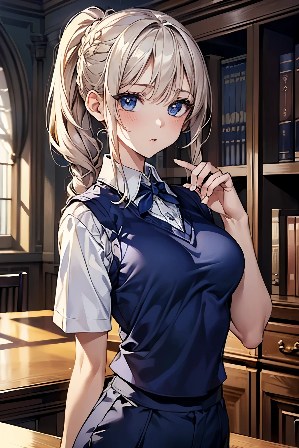 masterpiece、highest quality、Super detailed、An illustration、Beautiful detailed eyes、One girl、cute、Detailed landscape、Library Background、Platinum Blonde Hair、braided ponytail、((D cup breasts, Collared short-sleeved shirt:1.3, Navy blue vest, Navy blue slacks))